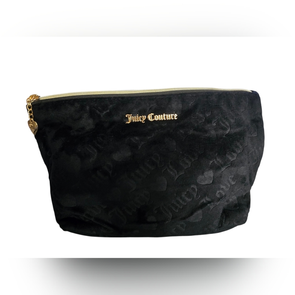 P33 Juicy Couture Black Velvet Embossed Logo Cosmetic Bag with Gold Hardware